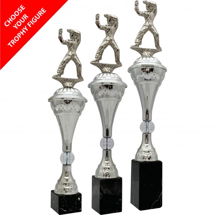  METAL FIGURE TROPHY MOUNTED ON A TALL SHAPED CONICAL PLASTIC CUP  - AVAILABLE IN 3 SIZES